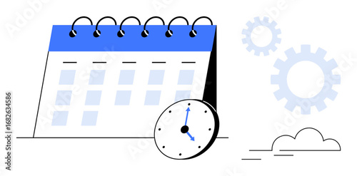 Spiral-bound calendar with highlighted clock, gears, and cloud elements. Ideal for planning, scheduling, time management, deadlines, teamwork productivity and efficiency. Clean flat metaphor