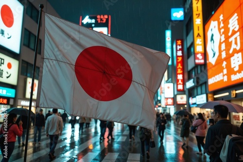 Cinematic and atmospheric photograph of an illuminated Japanese flag on a rainy night in a bustling urban district like Shinjuku, Tokyo.