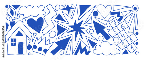 Naive childish elements crayon drawn set. Brush stroke heart and house, hopscotch, sun and clouds doodle shapes isolated on white background. Kindergarten school chalk figures. Vector illustration.