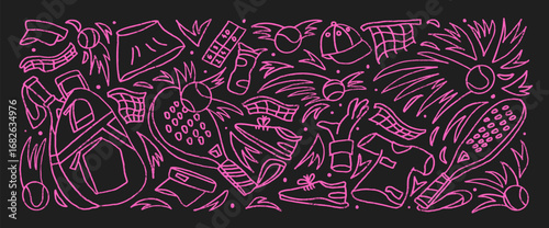 Padel tennis girly chalk drawn set. Racket, ball, sport dress hand drawn line isolated on dark background. Scribble feminine sport equipment elements. Vector fitness and hobby illustration by pencil.