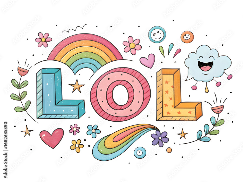 Obraz premium Whimsical lol lettering with rainbow clouds hearts and flowers on white background