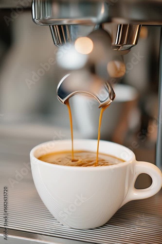 Rich streams of fresh espresso coffee pour into a white cup from a professional machine