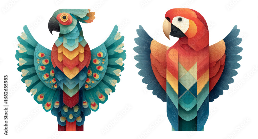 Fototapeta premium Colorful Illustrations of Stylized Parrots with Geometric Shapes