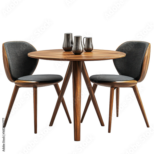 Modern wooden dining set two chairs round table dark gray upholstery black vases, isolated on a transparent background
