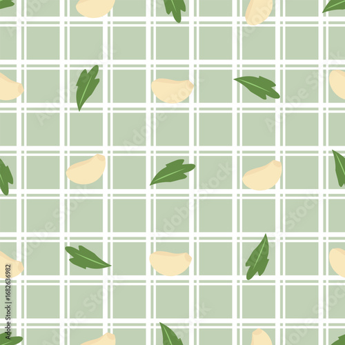 Tablecloth kitchen pattern with Garlic Bulbs. Classic light green background.