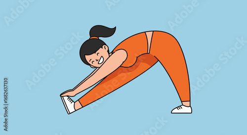 Smiling Woman Stretching in Orange Sportswear.