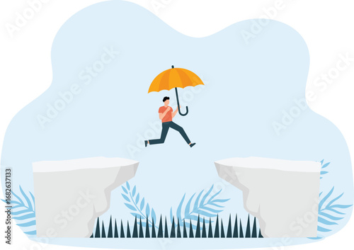 Businessman flying with umbrella for entrepreneur concept, 