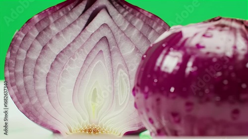 Fresh Red Onion Halved Revealing Layers, Wet with Water Droplets on a Bright Green Background