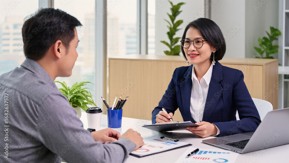 custom made wallpaper toronto digitalA 50-year-old woman working as a financial consultant in a modern office with a client.
