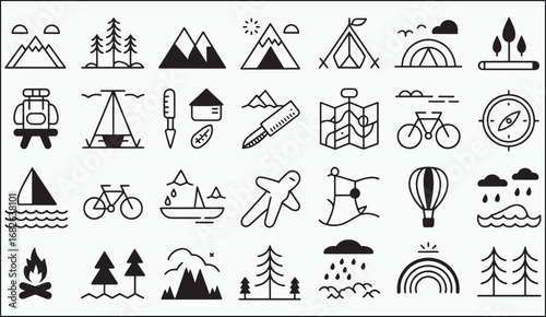 Set of mountain and travel icons in vector style for illustration and design