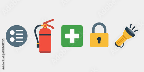 Essential Safety Icons Fire Extinguisher, First Aid, Lock, Flashlight - Ensuring Safety and Security in Various Situations