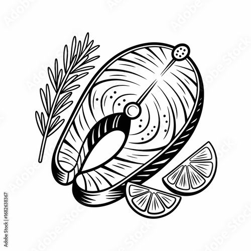 Black and white line art illustration of a fresh salmon steak with aromatic rosemary and zesty lemon wedges, perfect for culinary and healthy eating concepts.
