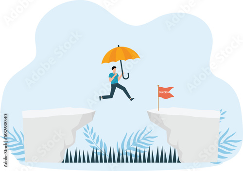Businessman jump from the cliff obstacle over chasm go to the opposite goal concept,

