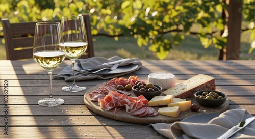 Outdoor cheese and wine tasting with meat and olives on wooden table in vineyard setting