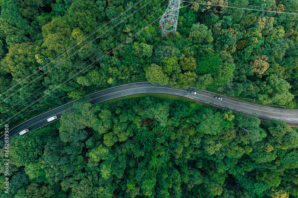 Fototapeta premium Aerial view of roads and cars traveling, environment and travel