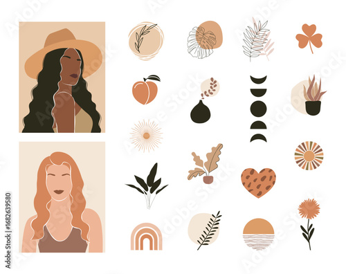 Set of boho elements, beige colors. Bohemian icons