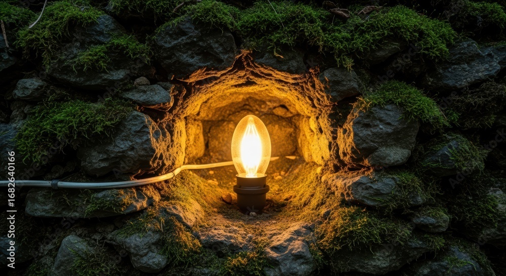 Obraz premium Illuminated light bulb nestled in moss-covered stone wall