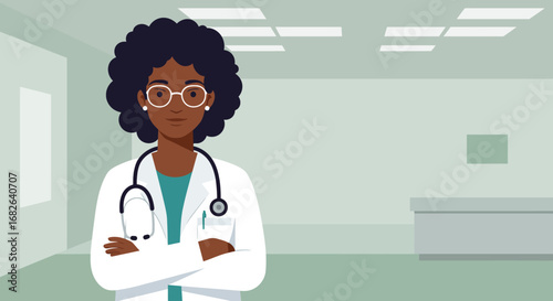 Smiling Black Female Doctor Wearing Glasses and Stethoscope.