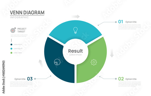 Venn diagram business infographic chart template 3 steps options, presentation with venn diagram elements vector illustration.