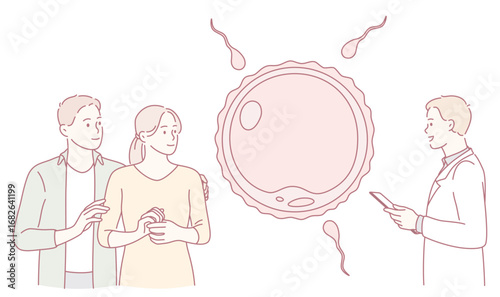 A couple is consulting a caring doctor about fertility options, with visual aids like sperm and egg illustrations