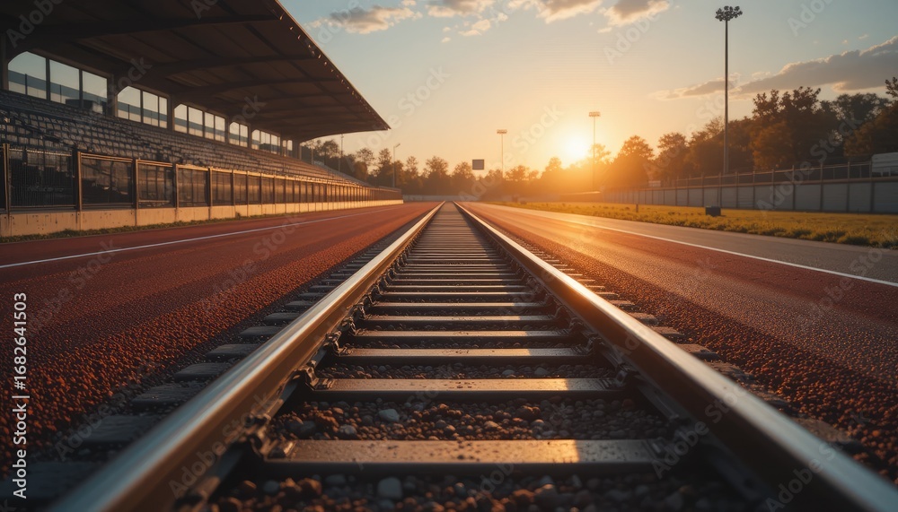 Fototapeta premium Golden Hour's Silent Race: Train Tracks Alongside an Empty Stadium