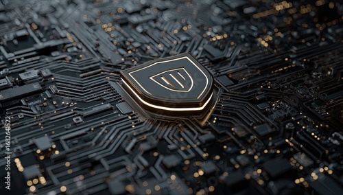 Dark circuit board with glowing shield (1)