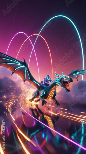 Neon dragon soars through a vibrant futuristic landscape with a rider creating a fantasy scene with glowing trails and a dynamic colorful atmosphere
