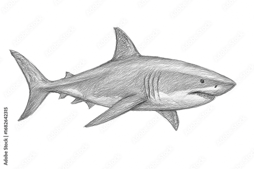 Fototapeta premium Realistic Hand Drawn Great White Shark in Pencil Sketch Style for Marine Art, Wildlife Pencil Sketch Illustration of Shark for Ocean and Marine Themes, perfect for marine life illustration