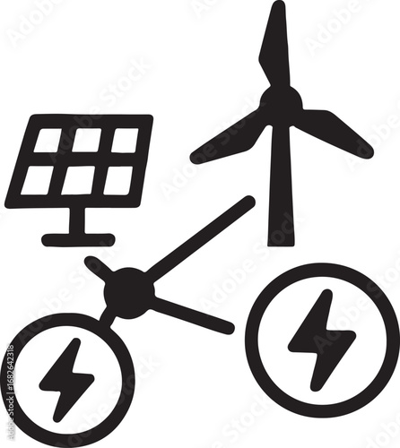Silhouette renewable energy network icon with solar, wind, and sustainable power connections.