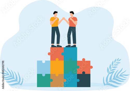 Businessmen shaking hands on a puzzle and good for unity concept,

