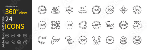 360 degrees black icon collection. 360 degrees views symbol. Rotating arrow sign. Different modern style forms. Editable stroke. Flat design. Vector illustration. Isolated on a white background.