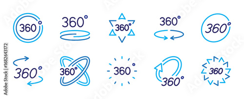360 degrees blue icon collection. 360 degrees views symbol. Rotating arrow sign. Different modern style forms. Editable stroke. Flat design. Vector illustration. Isolated on a white background.
