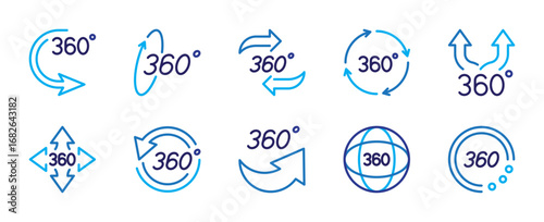 360 degrees blue icon collection. 360 degrees views symbol. Rotating arrow sign. Different modern style forms. Editable stroke. Flat design. Vector illustration. Isolated on a white background.
