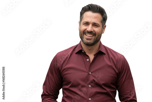 Professional headshot photograph of a smiling man in a maroon button-down shirt transparent background