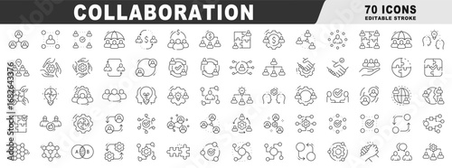 Line collaboration icons featuring teamwork, communication. Editable stroke set