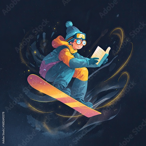 Child snowboarder, reading book,  flying
