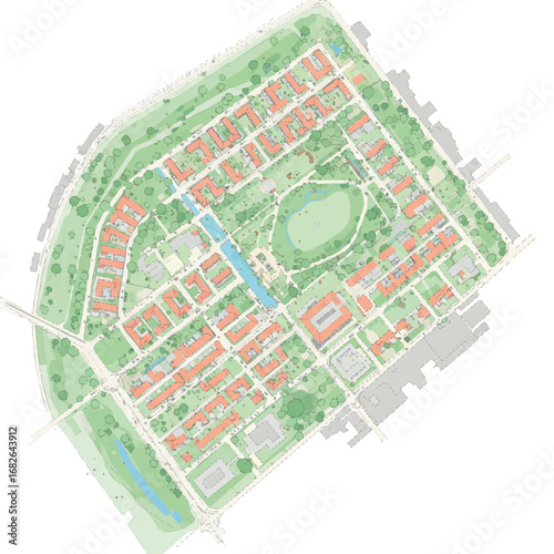 An aerial master plan illustrates a modern residential community, integrating diverse housing, lush green spaces, and efficient infrastructure for sustainable urban living.