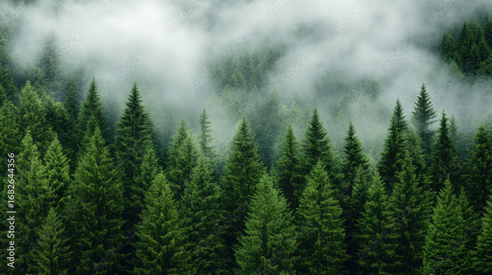 Fototapeta premium Dense pine forest shrouded in mist, creating serene and tranquil atmosphere