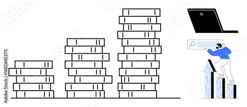 Stacked books grow thumbs up a bar chart showing progression, with a laptop and a person focusing on search atop rising arrows. Ideal for growth, learning, innovation, research, progress, strategy