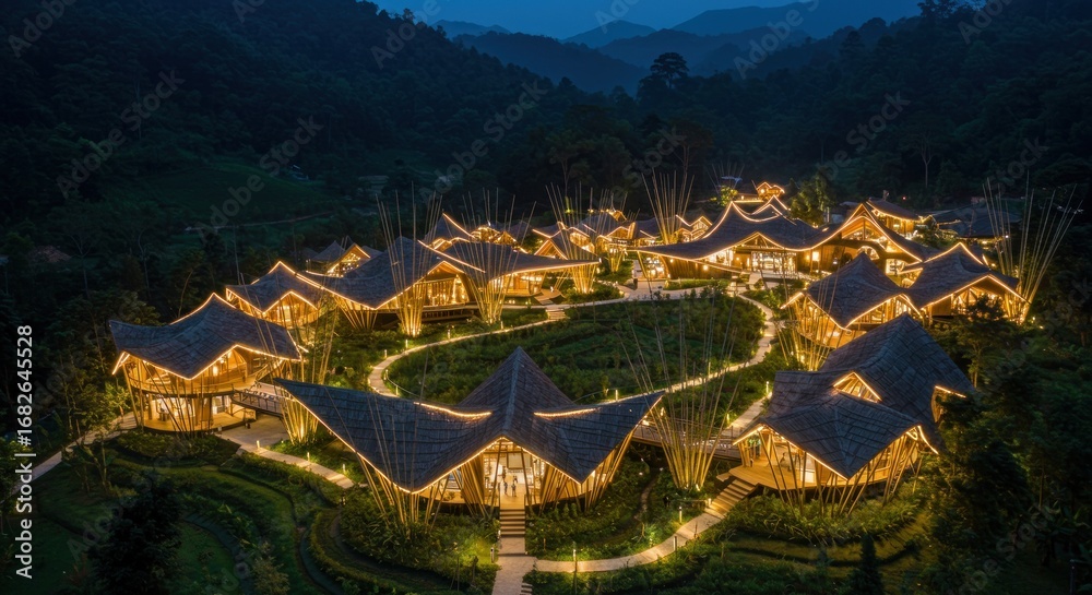 Obraz premium Cozy cluster of illuminated, bamboo-roofed buildings nestles serenely in a mountainous, lush green valley at twilight