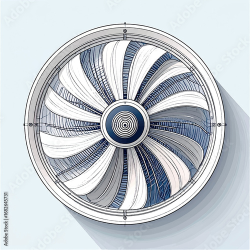Flat vector illustration of an aircraft jet engine turbine, showcasing a detailed front view of the fan blades in a modern, stylized design