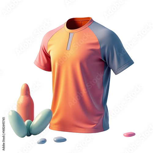 A vibrant orange and grey sports top is presented against a black backdrop, accented by pastel-colored geometric shapes.