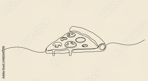 Line drawing of a pizza slice floating on wavy lines