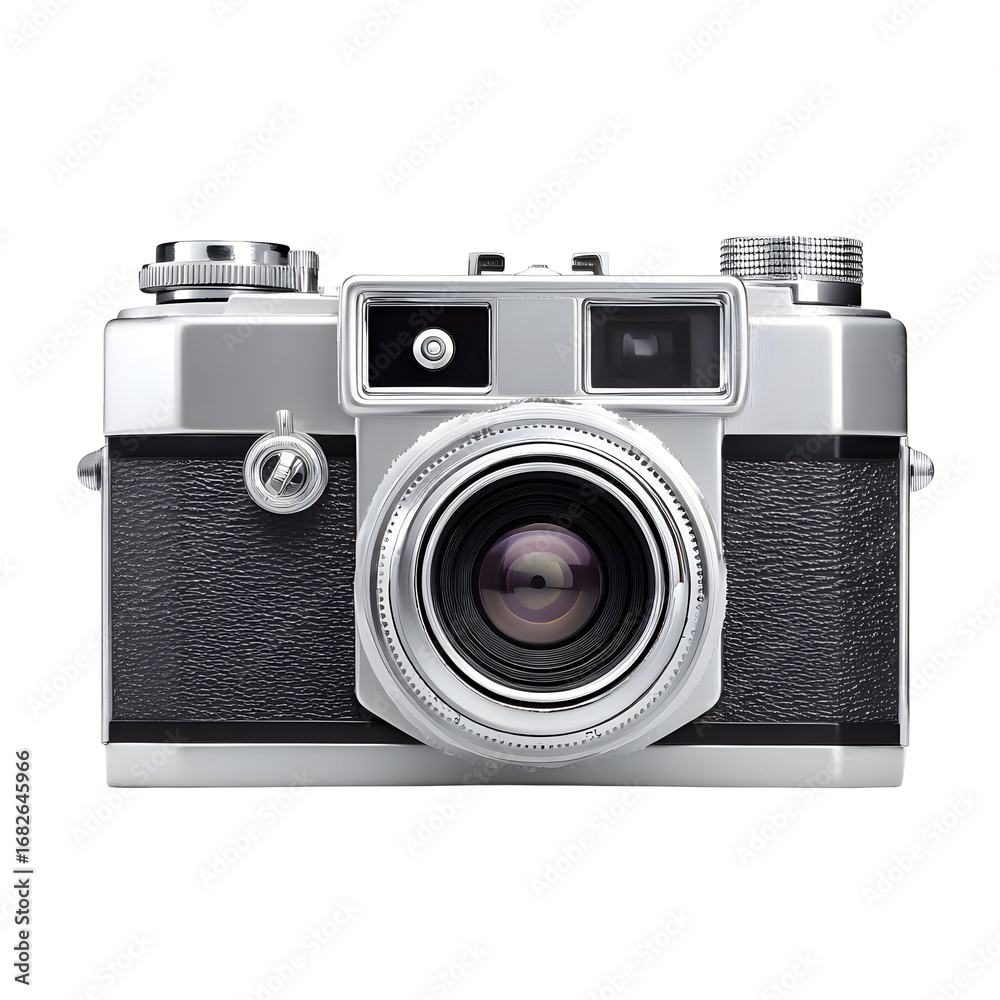 Fototapeta premium Vintage charm: a silver and black camera set against a captivating black backdrop