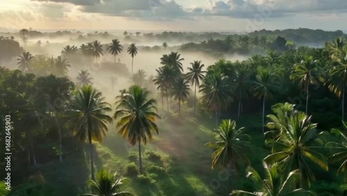Misty sunrise over a tropical palm tree jungle