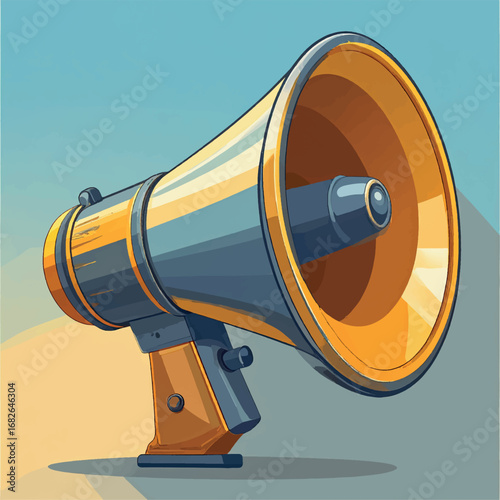 Stylized illustration of a yellow and blue megaphone or bullhorn against a light blue and beige background.
