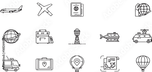  travel, vacation, tourism, icons, set, vector, line art, minimalist, black and white, illustration, graphic design, symbols, transportation, globe, luggage, passport, map, airplane, plane, cruise shi