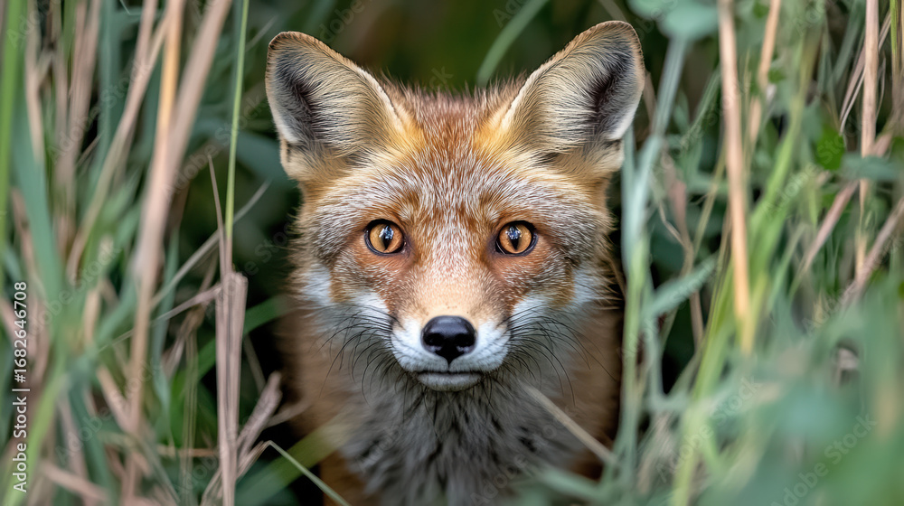 Obraz premium Fox with glowing eyes peeks through tall grass, creating captivating and mysterious scene