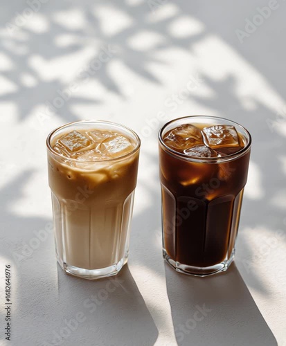 Two refreshing cold coffee drinks with ice sit on a textured white surface with dappled sunlight