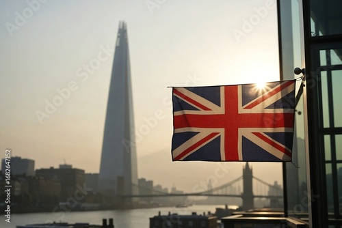 A minimalist photograph of the British Union Jack hanging still beside The Shard in London at dawn, with soft, ethereal morning light.